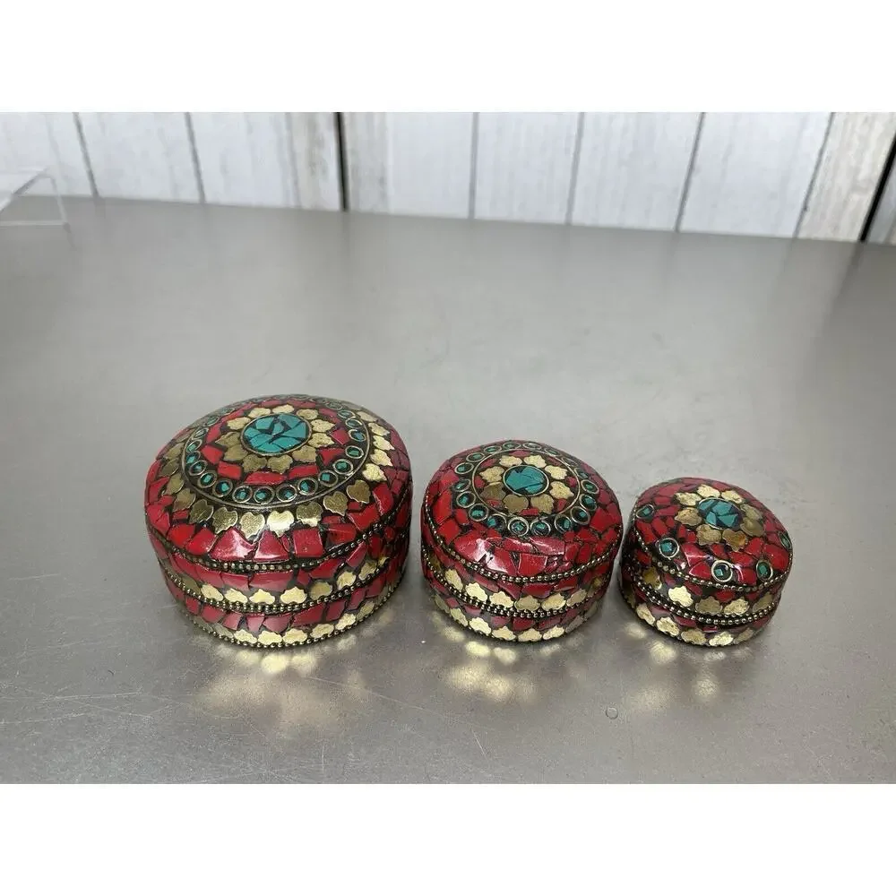 Round Trinket Box Multicolor Stones Indian Nesting Boxes Red Gold Set Of 3